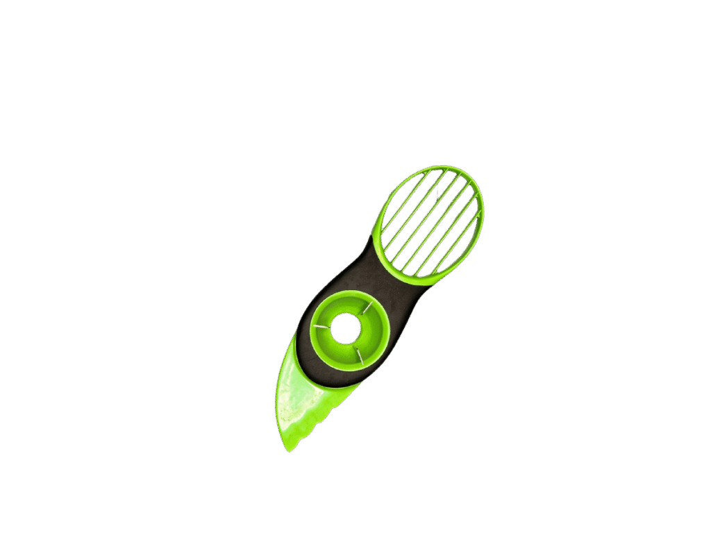 Multi-use green and black avocado tool for slicing and pitting