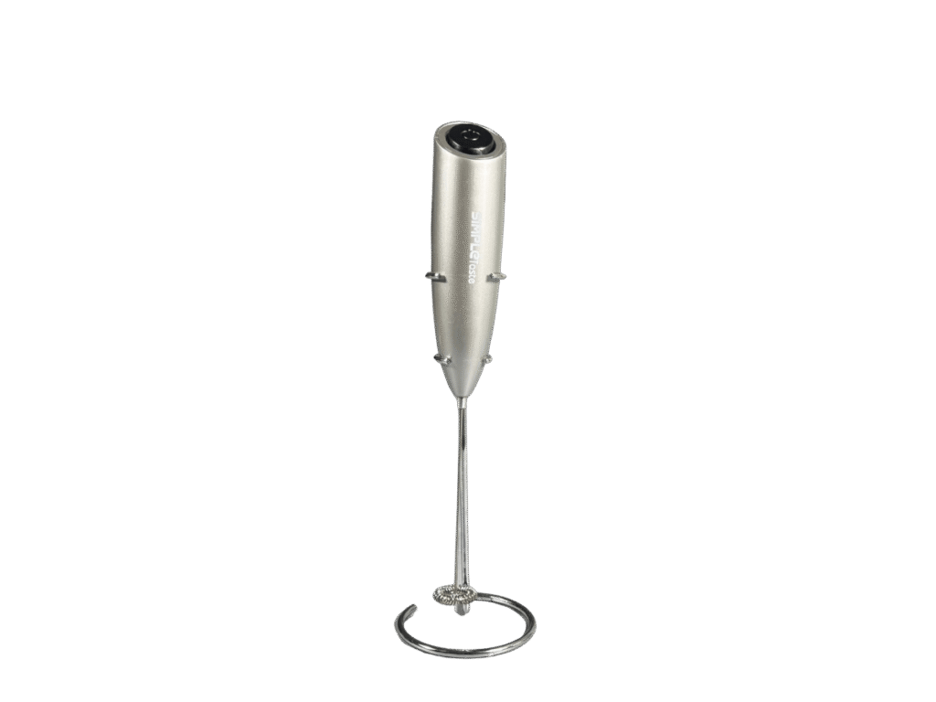 SimpleTaste silver handheld battery-operated milk frother with stand