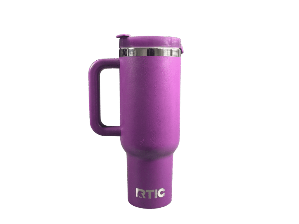 Purple RTIC 40oz insulated travel tumbler with handle and lid