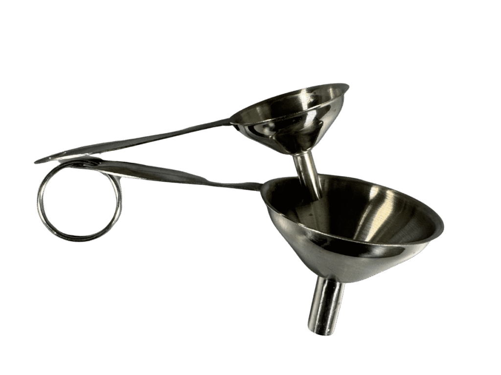 Set of mini stainless-steel kitchen funnels with a holding ring handle