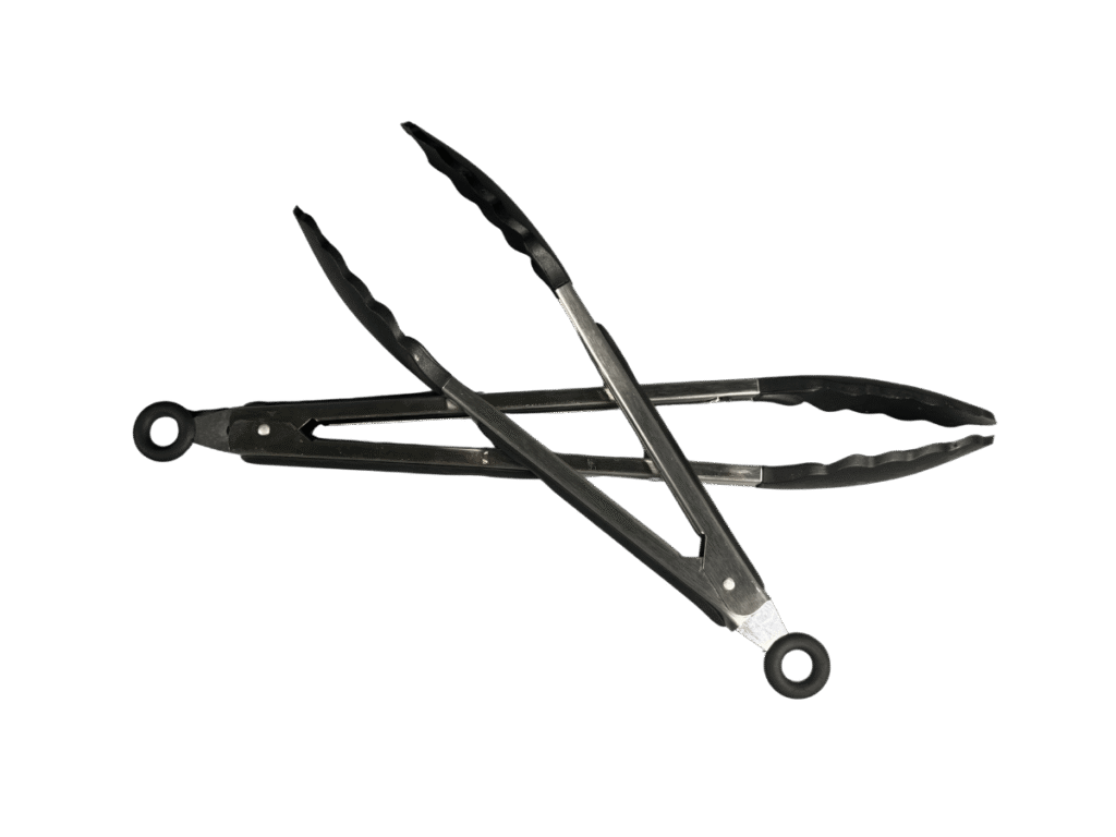 Stainless steel kitchen tongs with black silicone tips and locking ring