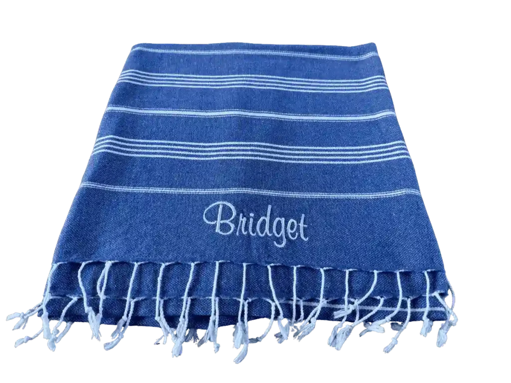 Blue Turkish Towel with white stripes and embroidery