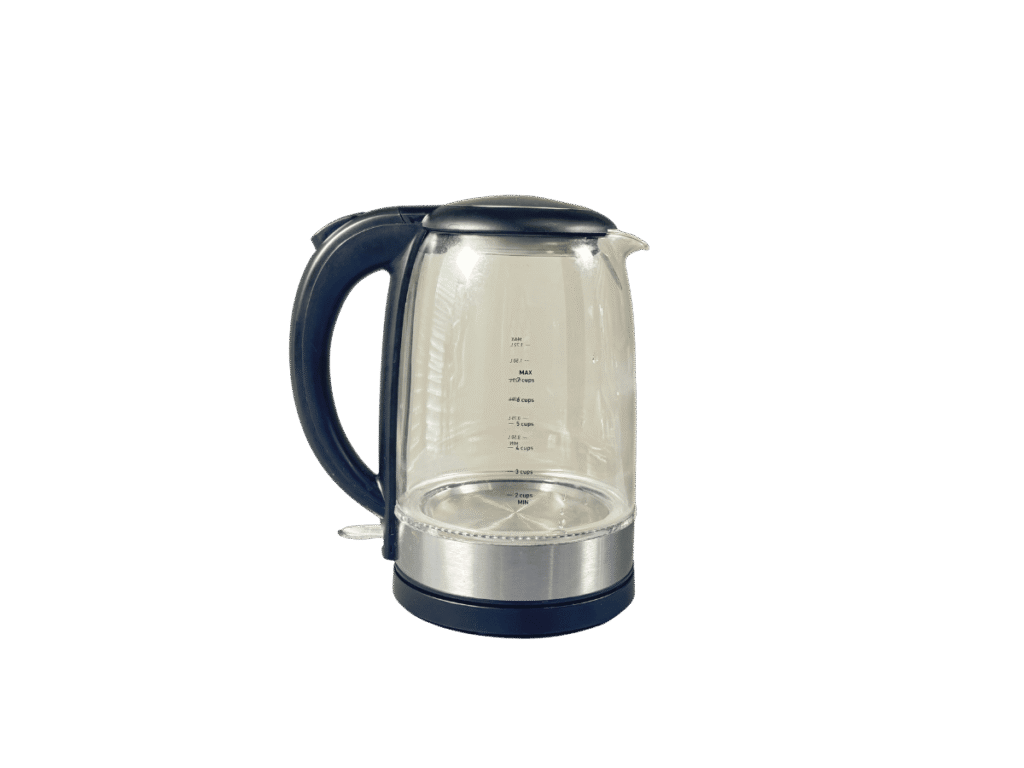Glass electric tea kettle with stainless steel base and black handle
